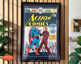1975 Vintage Action Comics Framed Comic | 50+ Year Old DC Wall Art | Classic Superman | UV Plexiglass Display