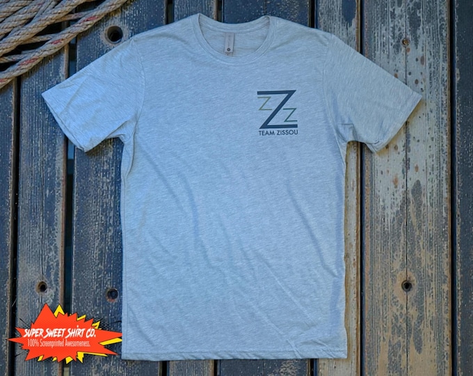 Featured listing image: Life Aquatic Team Zissou Shirt | Double-Sided Wes Anderson Movie Tee | Denim Blue Tri Blend T-Shirt | Indie Film Gift