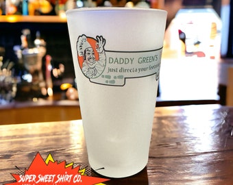 Daddy Green’s Pizza Frosted Glass | 17oz Retro Movie Bar Glass | 80s Cult Film Drinkware | Vintage Pop Culture Gift
