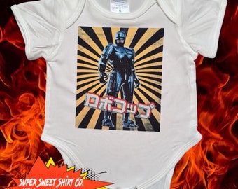 Robocop Japanese Baby Bodysuit - Law Enforcement Infant Bodysuit - Sci-Fi Baby Shower Gift - Handmade Geeky Baby Clothes - baby shower