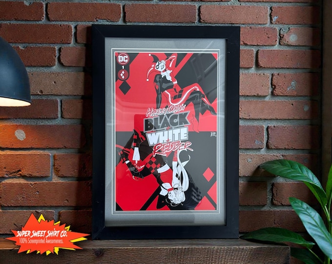 Featured listing image: Harley Quinn Black White Redder #1 Framed Comic | Double Matted Wall Art | UV Protected Glass | DC Collector Display | NM Condition