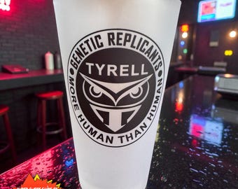 Tyrell Corporation Frosted Pint Glass | Retro Sci-Fi Movie Glassware | Cyberpunk Dystopian Drinkware | Optional Blade Runner Shirt Bundle