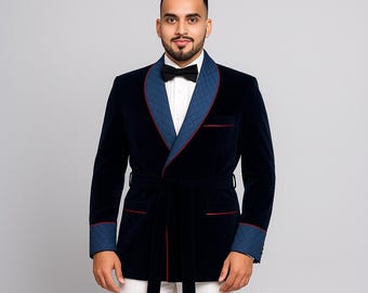Handmade Navy Velvet Men's Short Coat: Quilted Lapel, Red Accents