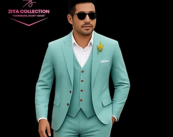Men's Light Blue Slim Fit 3-Piece Suit: Wedding Groom Tuxedo
