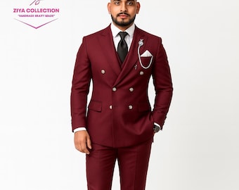 バーガンディのダブルブレストスーツ：テーラードフィットのプロム