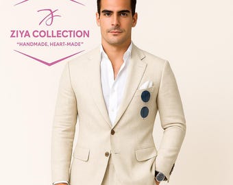 Handmade Beige Linen Suit: Slim Fit Summer Wedding Outfit