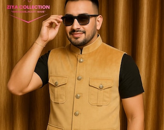 Men's Tan Nehru Jacket: Handmade Indian Waistcoat with Gold Buttons