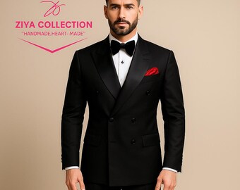 メンズプレミアムブラックダブルブレスト2ピーススーツ - 結婚式