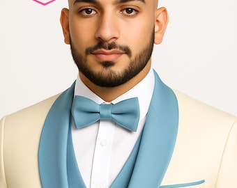 Handmade Cream & Sky Blue Tuxedo: Elegant 3-Piece Wedding Suit