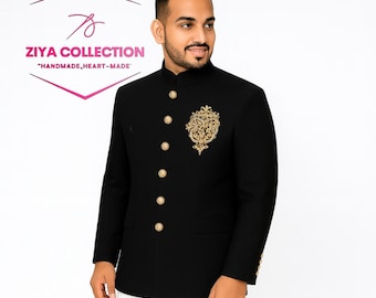 May include: A black band collar jacket with gold buttons and decorative embroidery, worn with white trousers and black loafers. The image includes the text "ZIYA COLLECTION" and "HANDMADE, HEART-MADE".