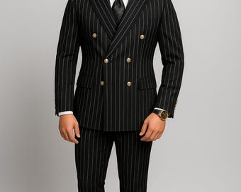 Men's Black Pinstripe Double-Breasted Suit: Slim Fit Blazer & Pants