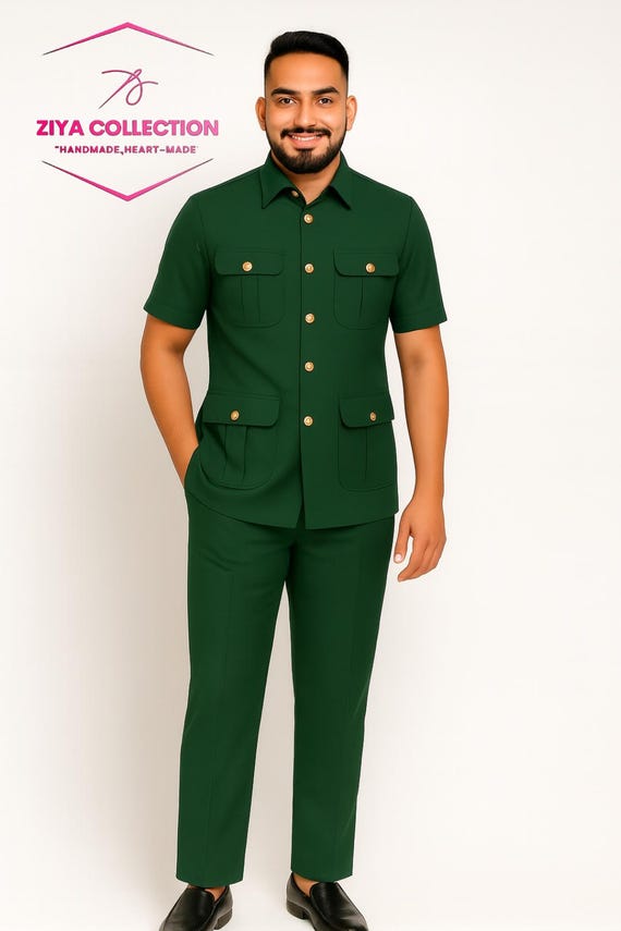 Handmade Green Safari Suit: Short Sleeve Shirt & Trousers - Ziya