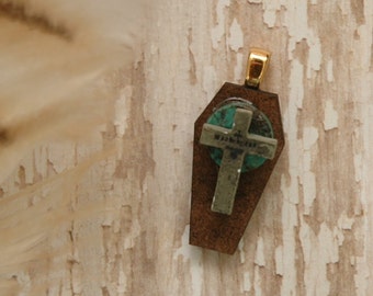 Wooden Coffin Mourning Pendant | Turquoise Amulet | Religious Relic | Grave Stone Marker | Gothic Cross | Rustic Men | Wearable Art Design