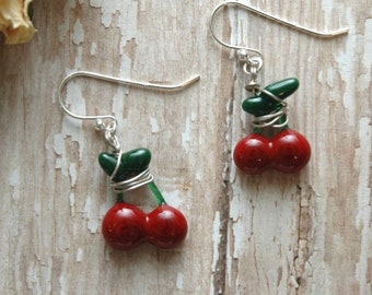 Cherry Bomb Red Glass Earrings | Cherries Fruit Jewelry | Rockabilly Retro Mid Century Modern | Beach Wear | Wearable Art Statement Jewelry