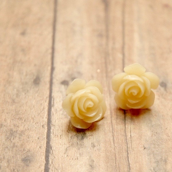 Miniature Carved Ivory Heart Stud Earrings | Garden Flower Lover | Conversation Wearable Statement Art