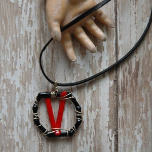 Red Glass Letter V Earrings Super Hero Necklace | Black Comic Book Libertarian Truther Freedom Jewelry | Pop Art Statement Jewelry Design image 2