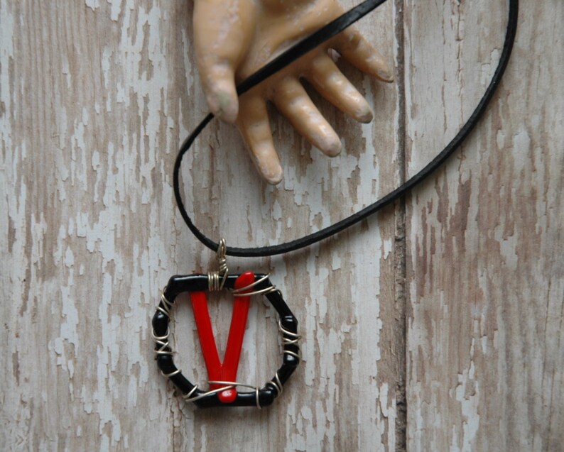 Red Glass Letter V Earrings Super Hero Necklace | Black Comic Book Libertarian Truther Freedom Jewelry | Pop Art Statement Jewelry Design image 2