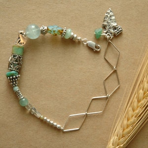 Silver Bird Labradorite Intention Bracelet | Arrowhead Charm | Green Aventurine | Turquoise | Diamond Pattern | Geometric Wearable Art