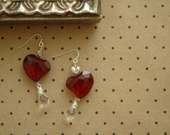 Love Spell Sterling Silver Enchanted Heart Earrings | Red Chunky Glass | Crystal Amulet | Sweetheart Party | Wearable Statement Art Jewelry