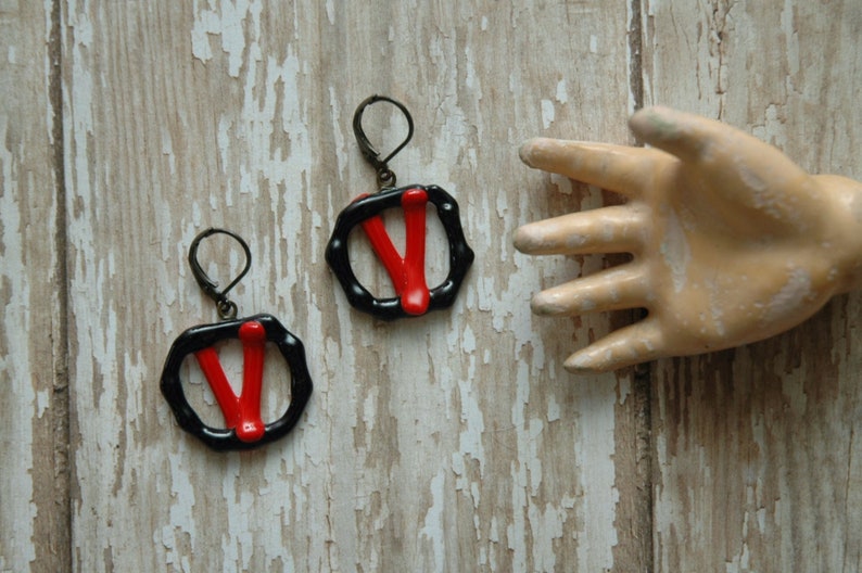 Red Glass Letter V Earrings Super Hero Necklace | Black Comic Book Libertarian Truther Freedom Jewelry | Pop Art Statement Jewelry Design image 1