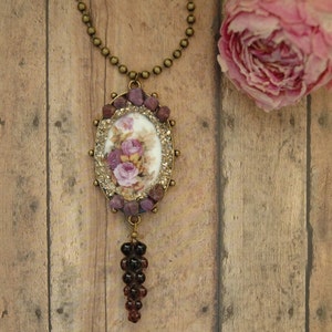 Purple Roses Raw Ruby Porcelain Cameo Necklace | Gold Flake | Royal Queen Crown Jewels | Art Nouveau | Hobnail | Wearable Art Jewelry