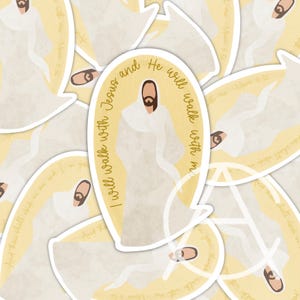 May include: A sticker featuring an illustration of Jesus in white robes, with a brown beard and hair. The text "I will walk with Jesus and He will walk with me" is written around the image in a yellow oval. Additional stickers are visible in the background.