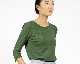 Moss Green Long sleeve Bow Pocket Tshirt / Organic cotton & Bamboo t-shirt / Moss Green eco basic