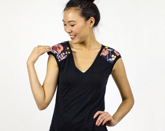 Black Vneck tshirt, Milk Nani Iro combo tee, Black bamboo jersey top, Eco fashion top