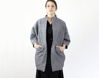 Linen Beehive Jacket, Gray cocoon blazer, Light transitional jacket, washed linen, vintage floral lining