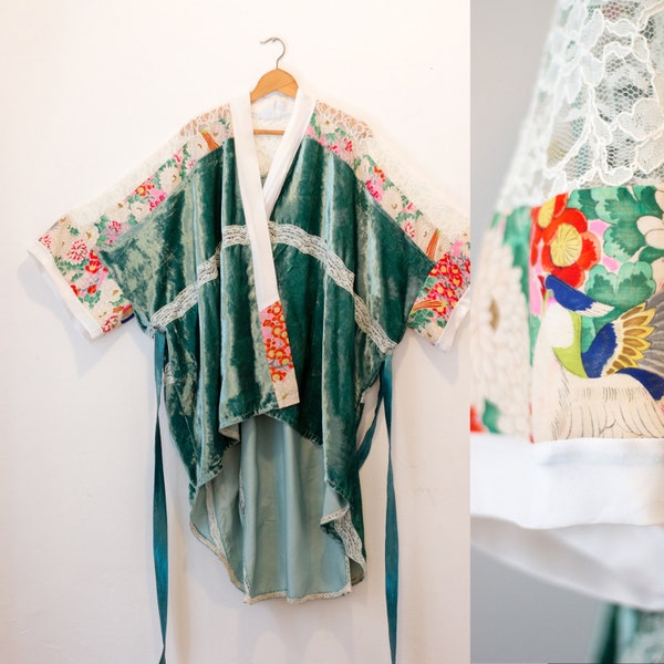 Boho Kimono robe - Green velvet, lace and vintage Japanese silk / Loungewear - One of a kind