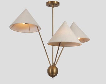 Three Linen Shade Sputnik Ceiling Chandelier Pendant Light Italian Style Mid Century Modern Raw Brass Light Fixture