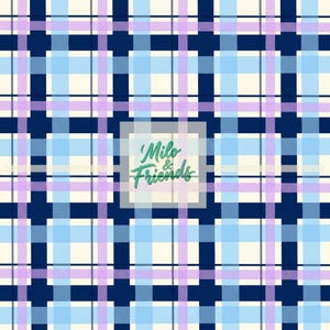Op de afbeelding: Een herhalend ruitpatroon in tinten blauw, paars en crème. Het ontwerp heeft kruisende verticale en horizontale lijnen, waardoor een rasterachtig effect ontstaat. De tekst "Milo & Friends" staat in een vierkant in het midden.