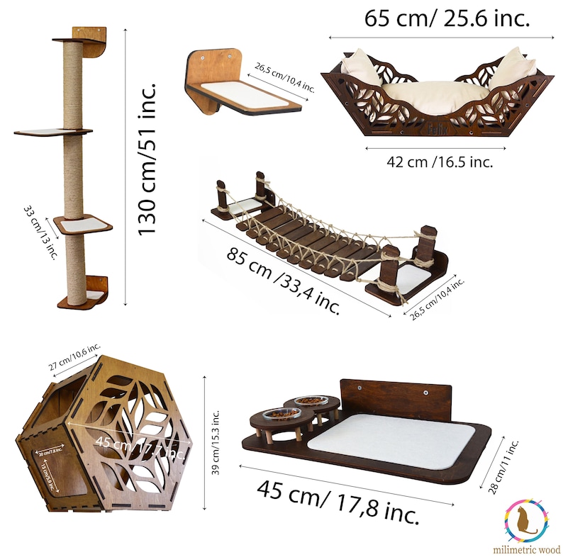 Puede incluir: Colecci&oacute;n de muebles de madera para gatos, que incluye un rascador alto (130 cm), un puente, una cama, una casa hexagonal y una estaci&oacute;n de alimentaci&oacute;n. Las piezas son marrones con detalles blancos, dise&ntilde;adas para gatos.