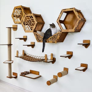 Könnte beinhalten: Ein Katzenmöbel-Set aus Holz für die Wand mit mehreren Plattformen, einer Brücke und einem Kratzbaum. Das Set umfasst sechseckige Regale, eine Brücke und eine Katze, die auf einem Regal sitzt. Die Katzenmöbel sind aus hellbraunem Holz gefertigt und an einer weißen Wand montiert.
