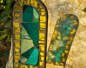 TEAL & YELLOW Stained Glass Mosaic Yard Art Plant Stake Garden Decor 12x3" hand made one of a kind