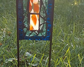 Stained Glass Mosaic Yard Art Plant Stake Garden Decor 13x3" fremont antique mouth blown glass