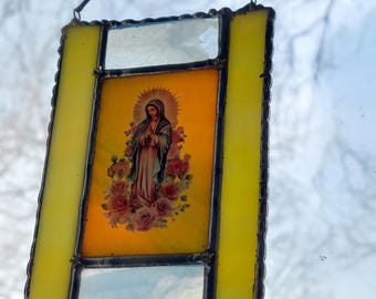 VIRGIN MARY stained glass suncatcher window decoration / ornament handmade rustic bohemian art 5x3.5"