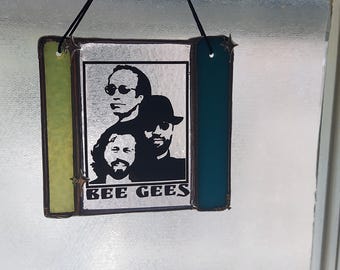 BEE GEES Stained glass suncatcher 3x3.25" hand made one of a kind window decoration ornament