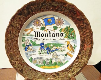Vintage Montana State Plate Crown-O-Gold Warranted 22k Souvenir Landmarks Collector Travel Gift