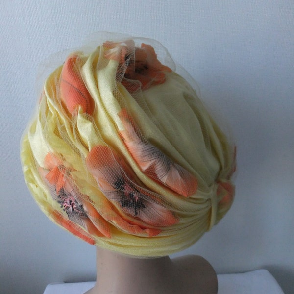 Vintage Hat Patrice Yellow with Orange and Yellow Flowers Netting Retro Accessories Designer Formal