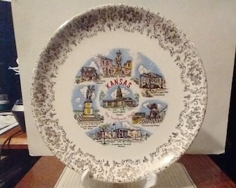 Vintage Kansas Souvenir State Plate Landmarks Gold Filigree Decorative Collector Travel Vacation Retro Wall Decor Gift
