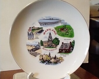 Vintage Maryland Souvenir State Plate MD Landmarks Decorative Collector Plate Retro Travel Wall Decor Gift