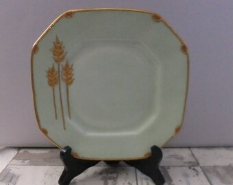 B&C Limoges France Plate Celedon Green with Gold Wheat Octagon 7.25 Luncheon Salad Small
