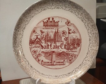 Vintage  Salt Lake City Utah Large Souvenir Plate Large Landmarks Decorative Collector Retro Wall Decor Gift