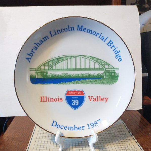 Vintage Abraham Lincoln Memorial Bridge I-39 Illinois Valley Oglesby 1987 Commemorative Plate Collector Souvenir Gift