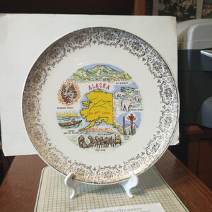 Vintage Alaska Souvenir State Plate Gold Border Plate Decorative Collector Travel Vacation Retro Wall Decor Gift