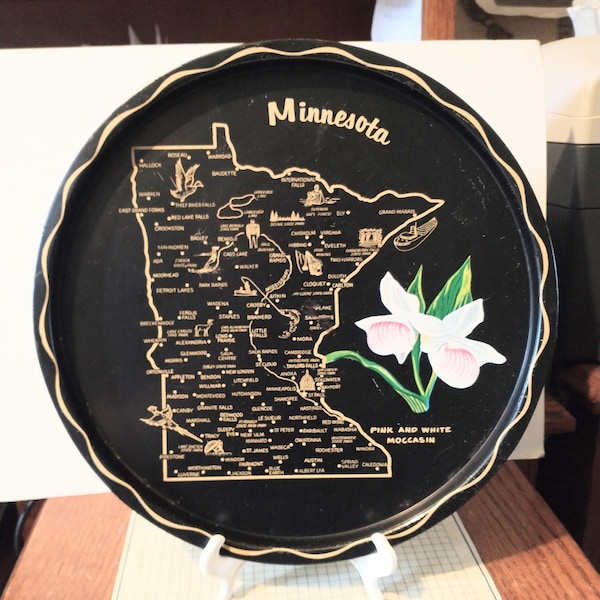 Vintage Minnesota Souvenir State Metal Tray Map Landmarks Decorative Collector Collectible Travel Gift