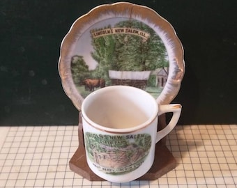 Vintage Lincoln's New Salem Illinois Souvenir Cup and Saucer (cracked/repaired) Decorative Collector Collectible Gift