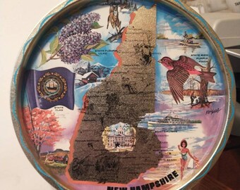 Vintage New Hampshire Collectible Metal Tray Map NH Landmarks Souvenir Decorative Collector Collectible Travel Gift