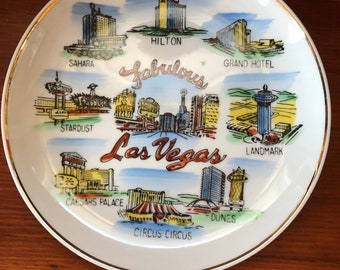 Cards and Roulette Wheel Vintage Las Vegas Souvenir Plate with Gold Trim Poker Chips